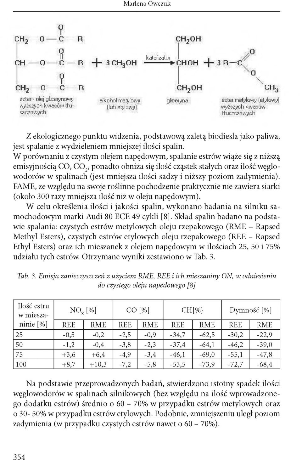 W porównaniu z czystym olejem napędowym, spalanie estrów wiąże się z niższą emisyjnością CO, C 0 2, ponadto obniża się ilość cząstek stałych oraz ilość węglowodorów w spalinach (jest mniejsza ilości