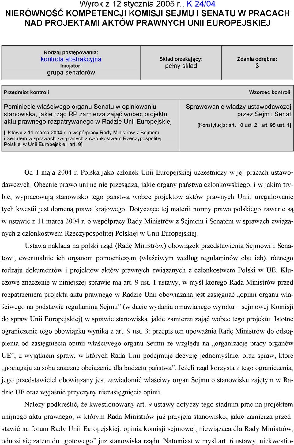 orzekający: pełny skład Zdania odrębne: 3 Przedmiot kontroli Wzorzec kontroli Pominięcie właściwego organu Senatu w opiniowaniu stanowiska, jakie rząd RP zamierza zająć wobec projektu aktu prawnego