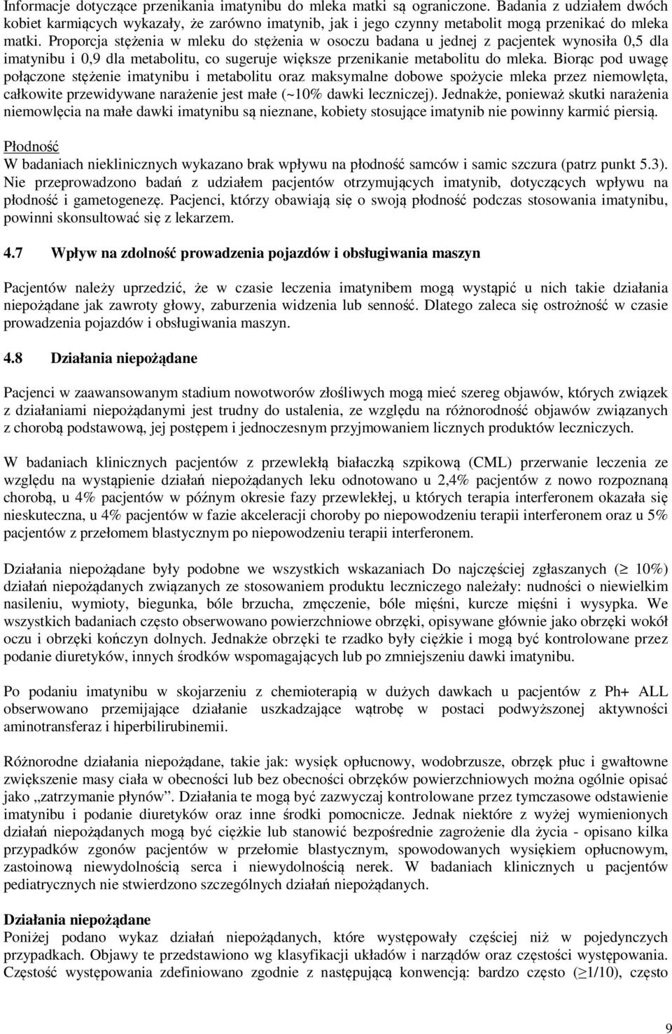 Proporcja stężenia w mleku do stężenia w osoczu badana u jednej z pacjentek wynosiła 0,5 dla imatynibu i 0,9 dla metabolitu, co sugeruje większe przenikanie metabolitu do mleka.