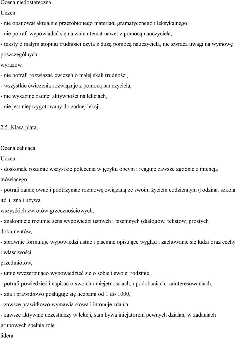 nauczyciela, - nie wykazuje żadnej aktywności na lekcjach, - nie jest nieprzygotowany do żadnej lekcji. 2.5. Klasa piąta.