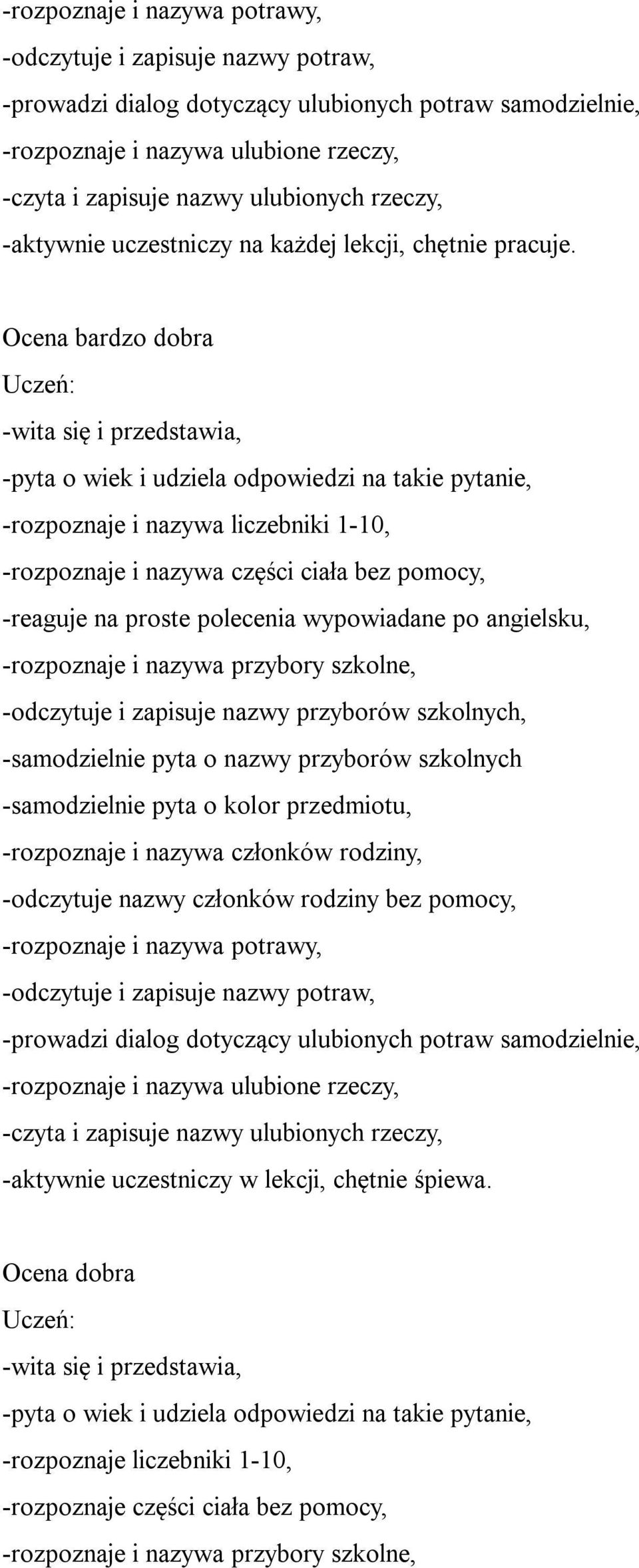 Ocena bardzo dobra -wita się i przedstawia, -pyta o wiek i udziela odpowiedzi na takie pytanie, -rozpoznaje i nazywa liczebniki 1-10, -rozpoznaje i nazywa części ciała bez pomocy, -reaguje na proste