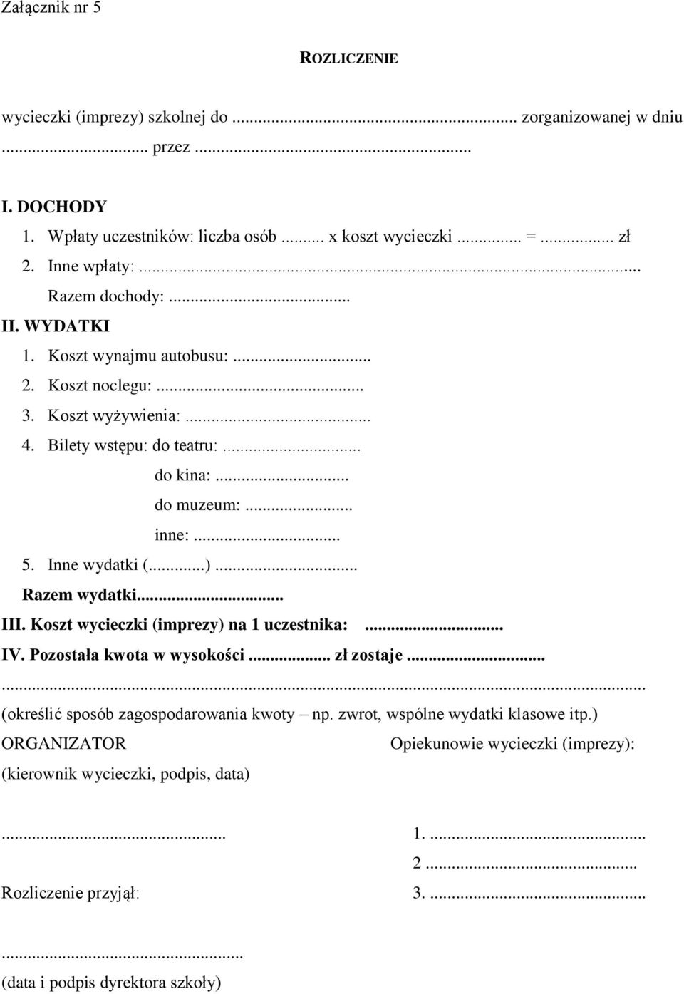 .. 5. Inne wydatki (...)... Razem wydatki... III. Koszt wycieczki (imprezy) na 1 uczestnika:... IV. Pozostała kwota w wysokości... zł zostaje...... (określić sposób zagospodarowania kwoty np.