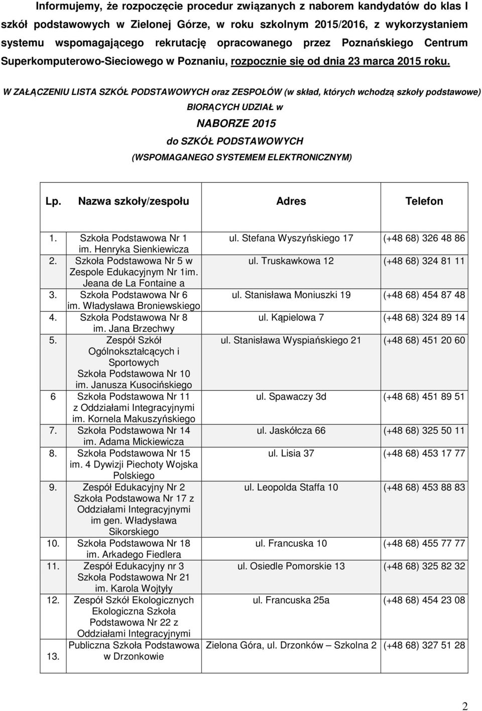 W ZAŁĄCZENIU LISTA SZKÓŁ PODSTAWOWYCH oraz ZESPOŁÓW (w skład, których wchodzą szkoły podstawowe) BIORĄCYCH UDZIAŁ w NABORZE 2015 do SZKÓŁ PODSTAWOWYCH (WSPOMAGANEGO SYSTEMEM ELEKTRONICZNYM) Lp.