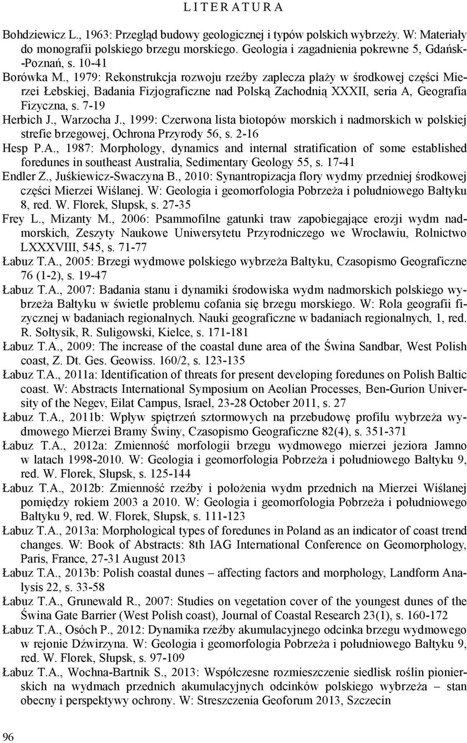 , 1979: Rekonstrukcja rozwoju rzeźby zaplecza plaży w środkowej części Mierzei Łebskiej, Badania Fizjograficzne nad Polską Zachodnią XXXII, seria A, Geografia Fizyczna, s. 7-19 Herbich J., Warzocha J.