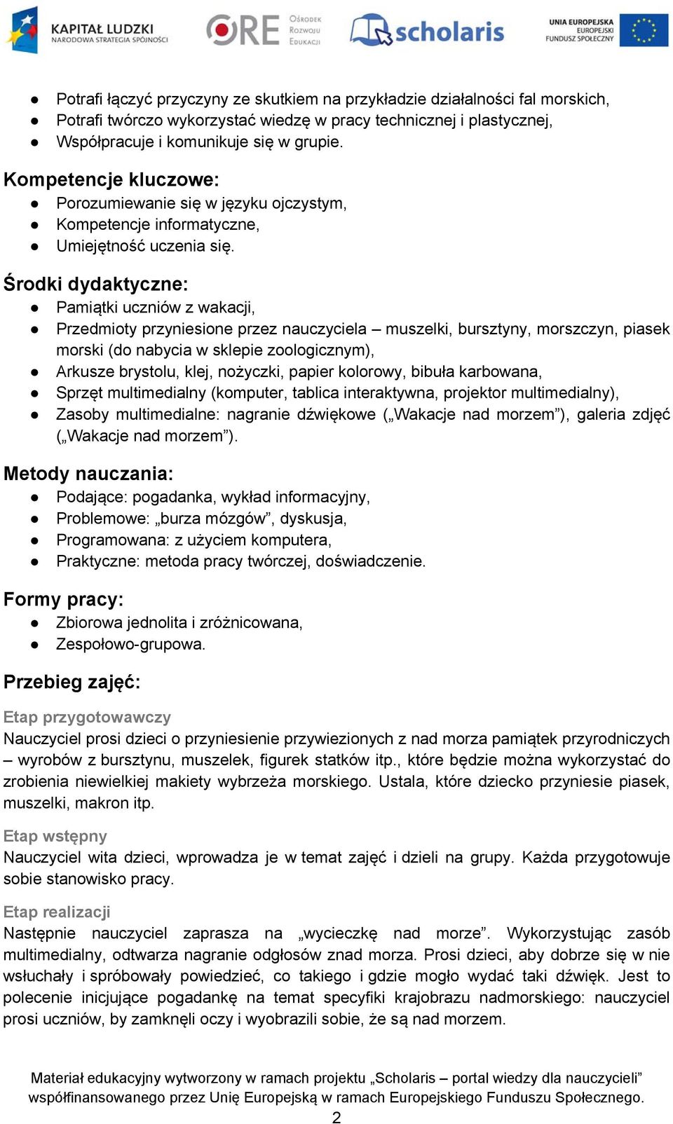 Środki dydaktyczne: Pamiątki uczniów z wakacji, Przedmioty przyniesione przez nauczyciela muszelki, bursztyny, morszczyn, piasek morski (do nabycia w sklepie zoologicznym), Arkusze brystolu, klej,