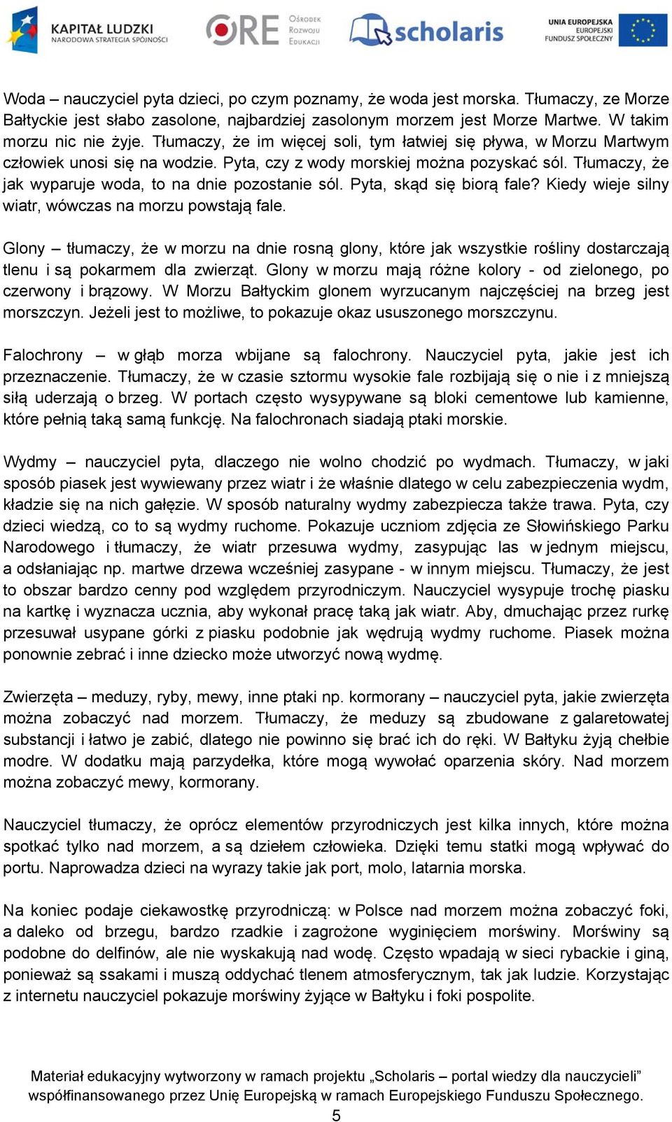 Tłumaczy, że jak wyparuje woda, to na dnie pozostanie sól. Pyta, skąd się biorą fale? Kiedy wieje silny wiatr, wówczas na morzu powstają fale.