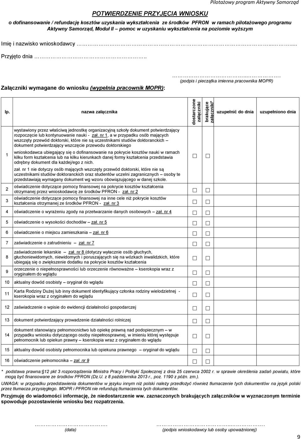 (podpis i pieczątka imienna pracownika MOPR) lp.