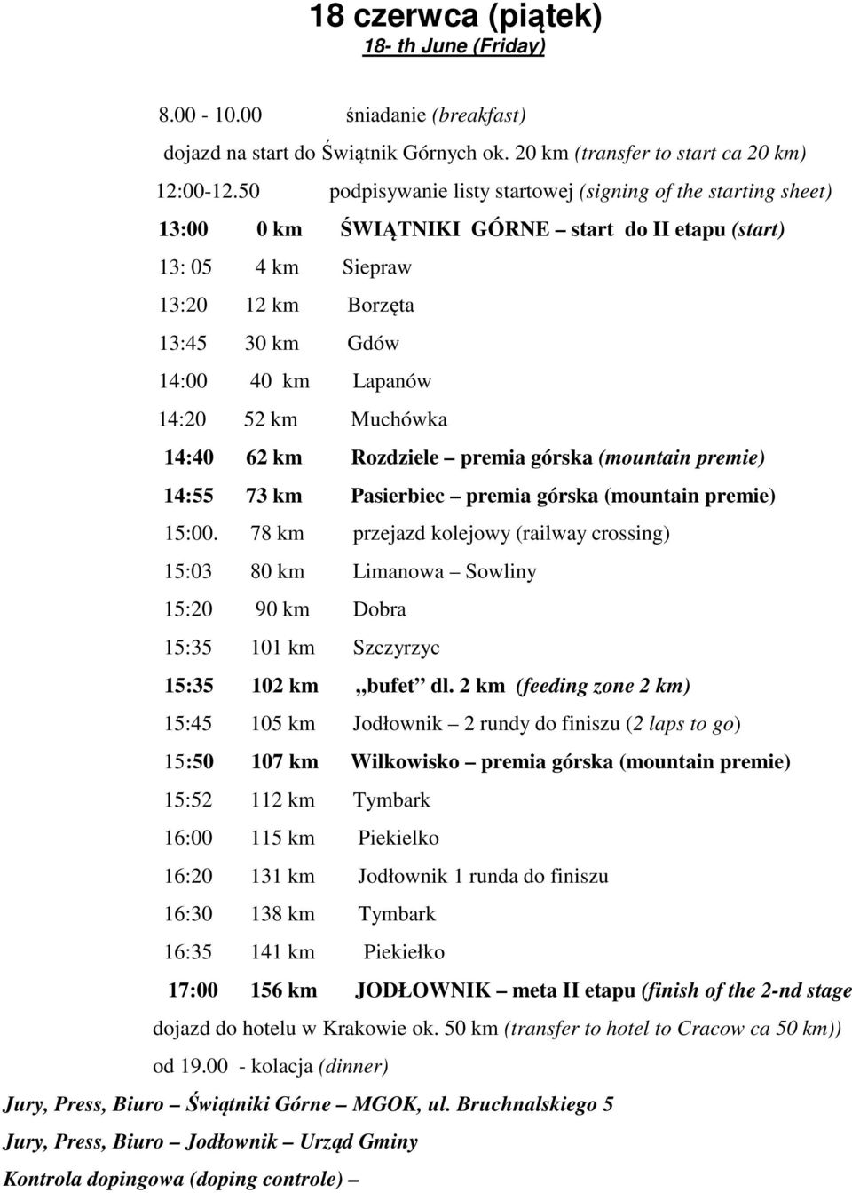 52 km Muchówka 14:40 62 km Rozdziele premia górska (mountain premie) 14:55 73 km Pasierbiec premia górska (mountain premie) 15:00.