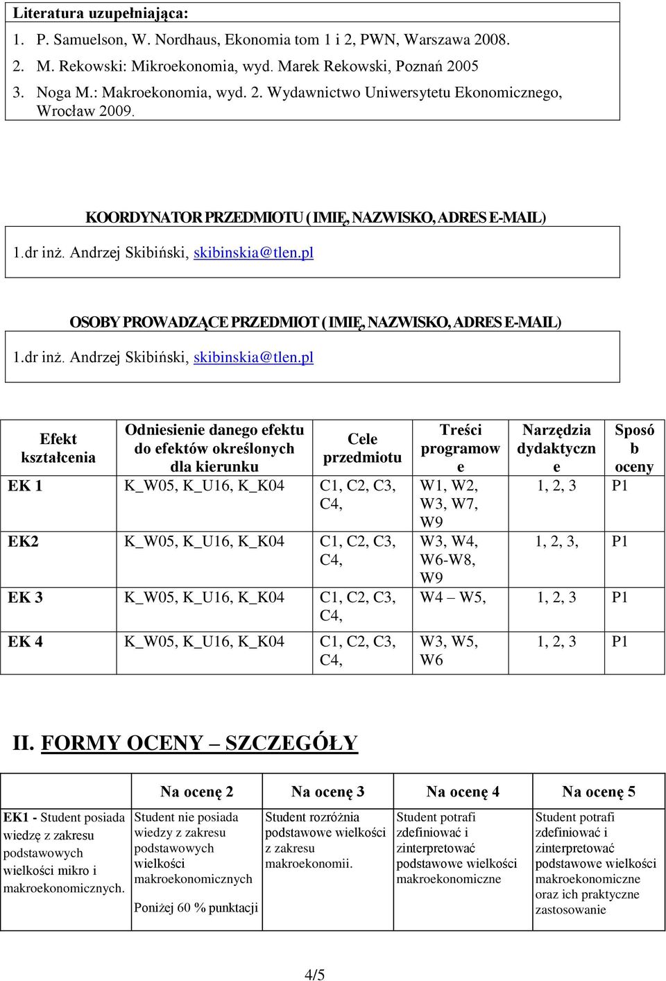 pl OSOBY PROWADZĄCE PRZEDMIOT ( IMIĘ, NAZWISKO, ADRES E-MAIL) 1.dr inż. Andrzej Skibiński, skibinskia@tlen.