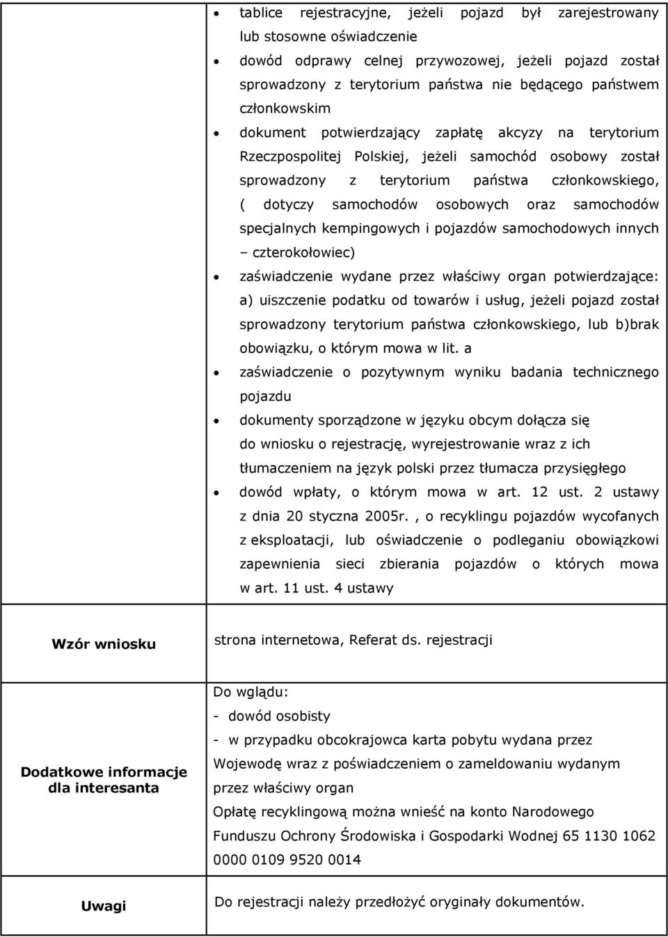 osobowych oraz samochodów specjalnych kempingowych i pojazdów samochodowych innych czterokołowiec) zaświadczenie wydane potwierdzające: a) uiszczenie podatku od towarów i usług, jeżeli pojazd został