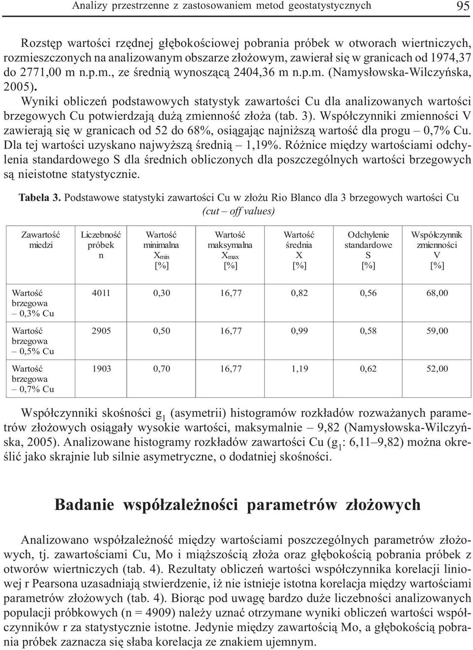 Wyniki obliczeñ podstawowych statystyk zawartoœci Cu dla analizowanych wartoœci brzegowych Cu potwierdzaj¹ du ¹ zmiennoœæ z³o a (tab. 3).