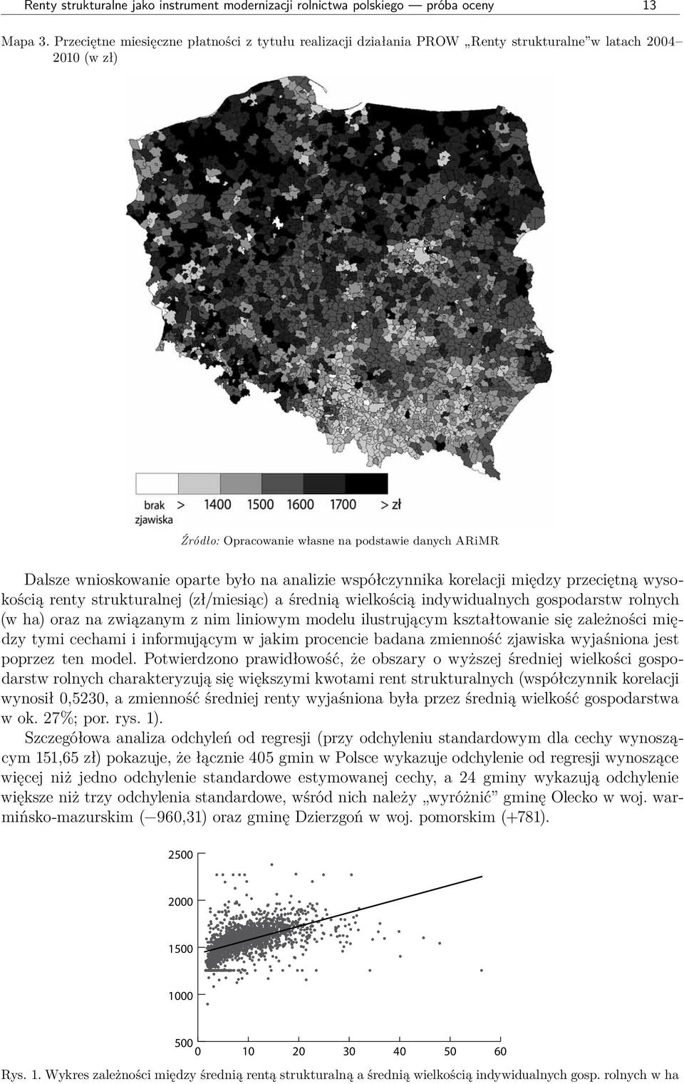 analizie współczynnika korelacji między przeciętną wysokością renty strukturalnej (zł/miesiąc) a średnią wielkością indywidualnych gospodarstw rolnych (w ha) oraz na związanym z nim liniowym modelu