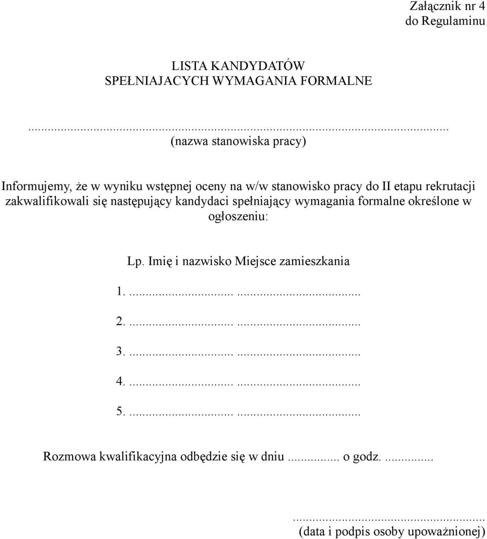 spełniający wymagania formalne określone w ogłoszeniu: Lp. Imię i nazwisko Miejsce zamieszkania 1....... 2....... 3.