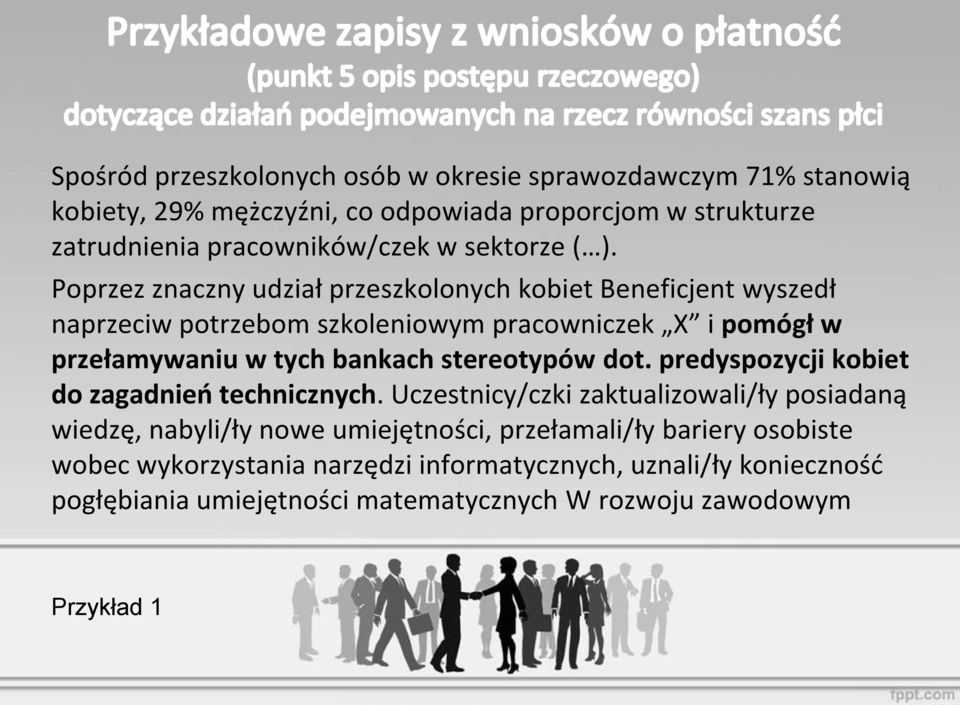 Poprzez znaczny udział przeszkolonych kobiet Beneficjent wyszedł naprzeciw potrzebom szkoleniowym pracowniczek X i pomógł w przełamywaniu w tych bankach