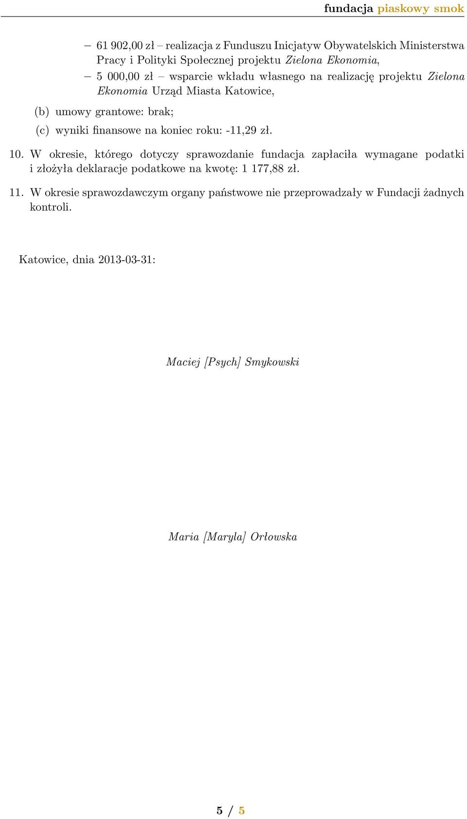 10. W okresie, którego dotyczy sprawozdanie fundacja zapłaciła wymagane podatki i złożyła deklaracje podatkowe na kwotę: 1 177,88 zł. 11.