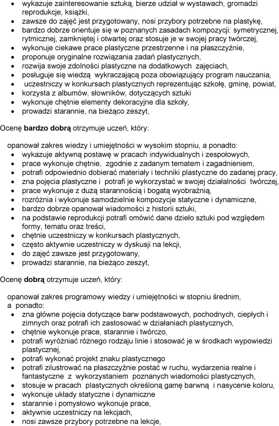oryginalne rozwiązania zadań plastycznych, rozwija swoje zdolności plastyczne na dodatkowych zajęciach, posługuje się wiedzą wykraczającą poza obowiązujący program nauczania, uczestniczy w konkursach