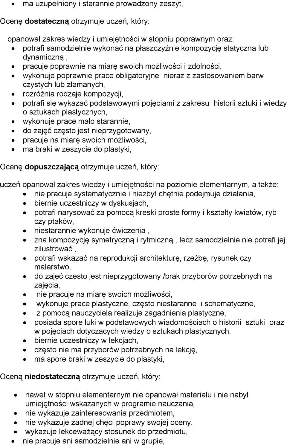 rodzaje kompozycji, potrafi się wykazać podstawowymi pojęciami z zakresu historii sztuki i wiedzy o sztukach plastycznych, wykonuje prace mało starannie, do zajęć często jest nieprzygotowany, pracuje