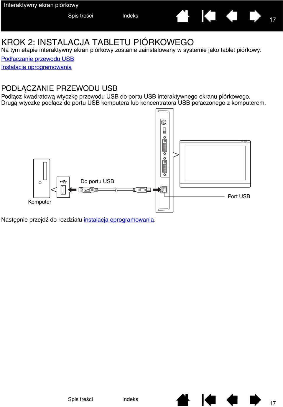 Podłączanie przewodu USB Instalacja oprogramowania PODŁĄCZANIE PRZEWODU USB Podłącz kwadratową wtyczkę przewodu USB do