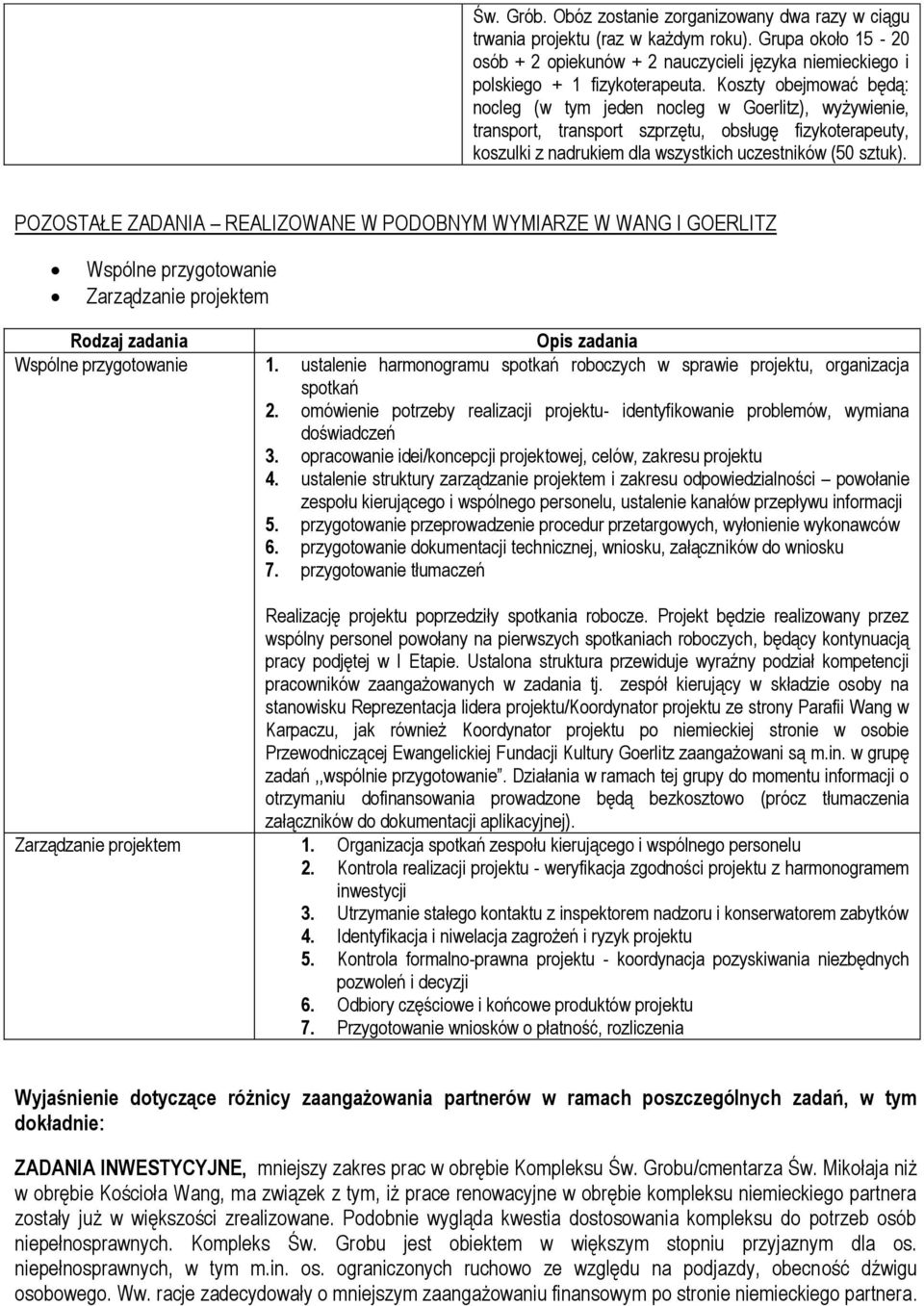 POZOSTAŁE ZADANIA REALIZOWANE W PODOBNYM WYMIARZE W WANG I GOERLITZ Wspólne przygotowanie Zarządzanie projektem Wspólne przygotowanie 1.