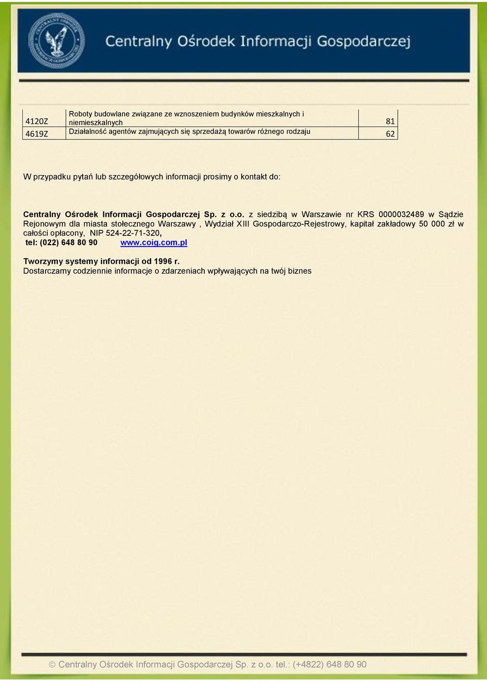 KRS 0000032489 w Sądzie Rejonowym dla miasta stołecznego Warszawy, Wydział XIII Gospodarczo-Rejestrowy, kapitał zakładowy 50 000 zł w całości opłacony, NIP