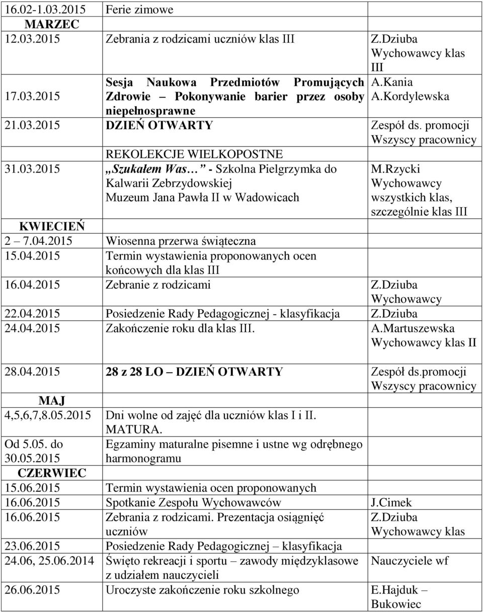 Rzycki Wychowawcy wszystkich klas, szczególnie klas III KWIECIEŃ 2 7.04.2015 Wiosenna przerwa świąteczna 15.04.2015 Termin wystawienia proponowanych ocen końcowych dla klas III 16.04.2015 Zebranie z rodzicami Wychowawcy 22.