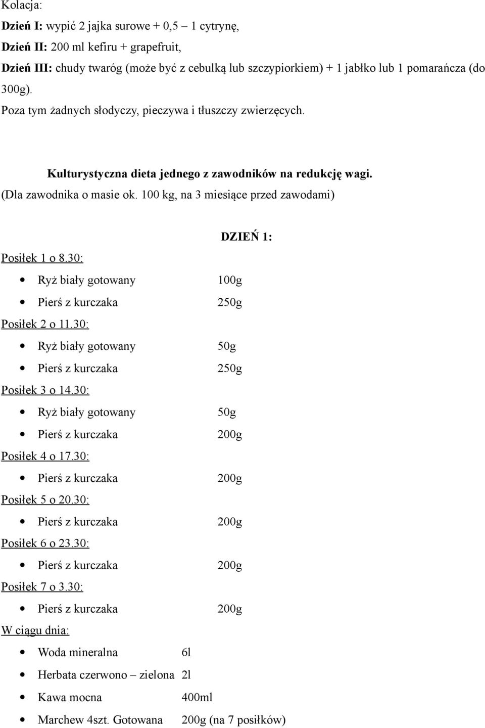 100 kg, na 3 miesiące przed zawodami) DZIEŃ 1: Posiłek 1 o 8.30: Pierś z kurczaka 250g Posiłek 2 o 11.30: Ryż biały gotowany 50g Pierś z kurczaka 250g Posiłek 3 o 14.