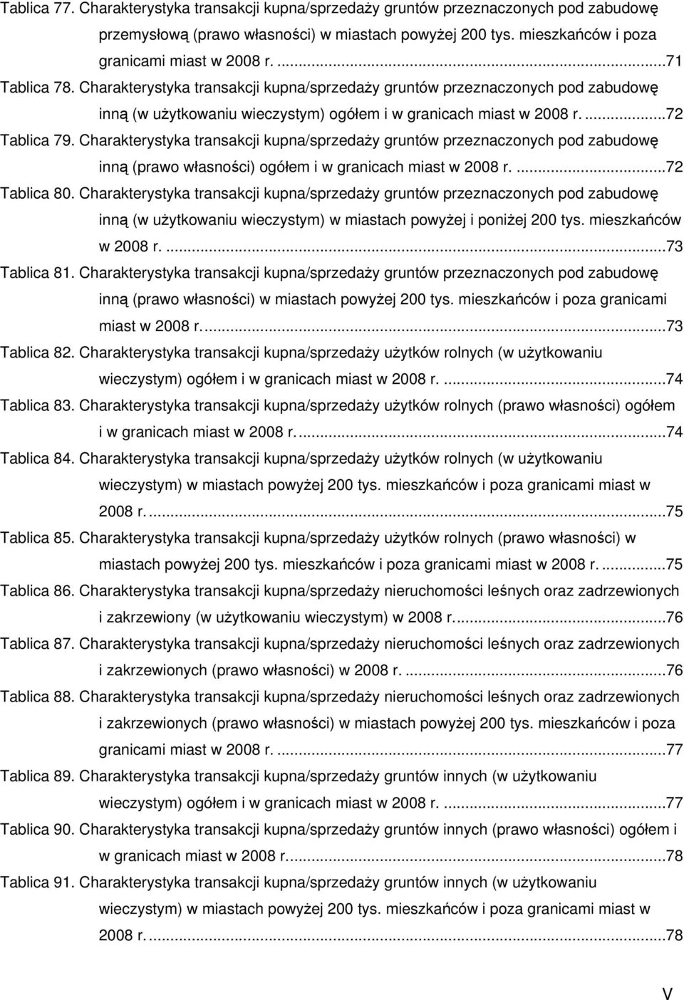 Charakterystyka transakcji kupna/sprzedaży gruntów przeznaczonych pod zabudowę inną (prawo własności) i w granicach miast w 2008 r....72 Tablica 80.
