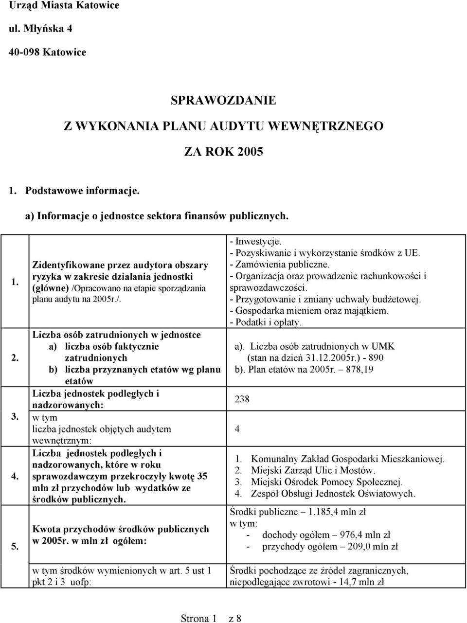 Liczba osób zatrudnionych w jednostce a) liczba osób faktycznie 2. zatrudnionych b) liczba przyznanych etatów wg planu etatów Liczba jednostek podległych i nadzorowanych: 3.