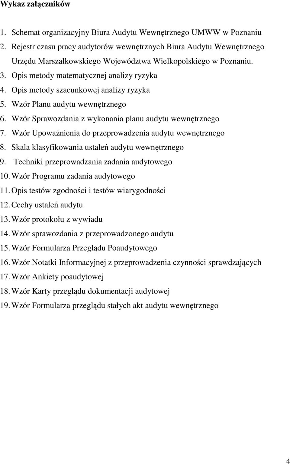 Opis metody szacunkowej analizy ryzyka 5. Wzór Planu audytu wewnętrznego 6. Wzór Sprawozdania z wykonania planu audytu wewnętrznego 7. Wzór Upoważnienia do przeprowadzenia audytu wewnętrznego 8.