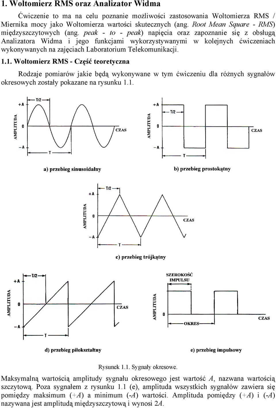 peak - to - peak) napięcia oraz zapoznanie się z obsługą Analizatora Widma i jego funkcjami wykorzystywanymi w kolejnych ćwiczeniach wykonywanych na zajęciach Laboratorium Telekomunikacji. 1.