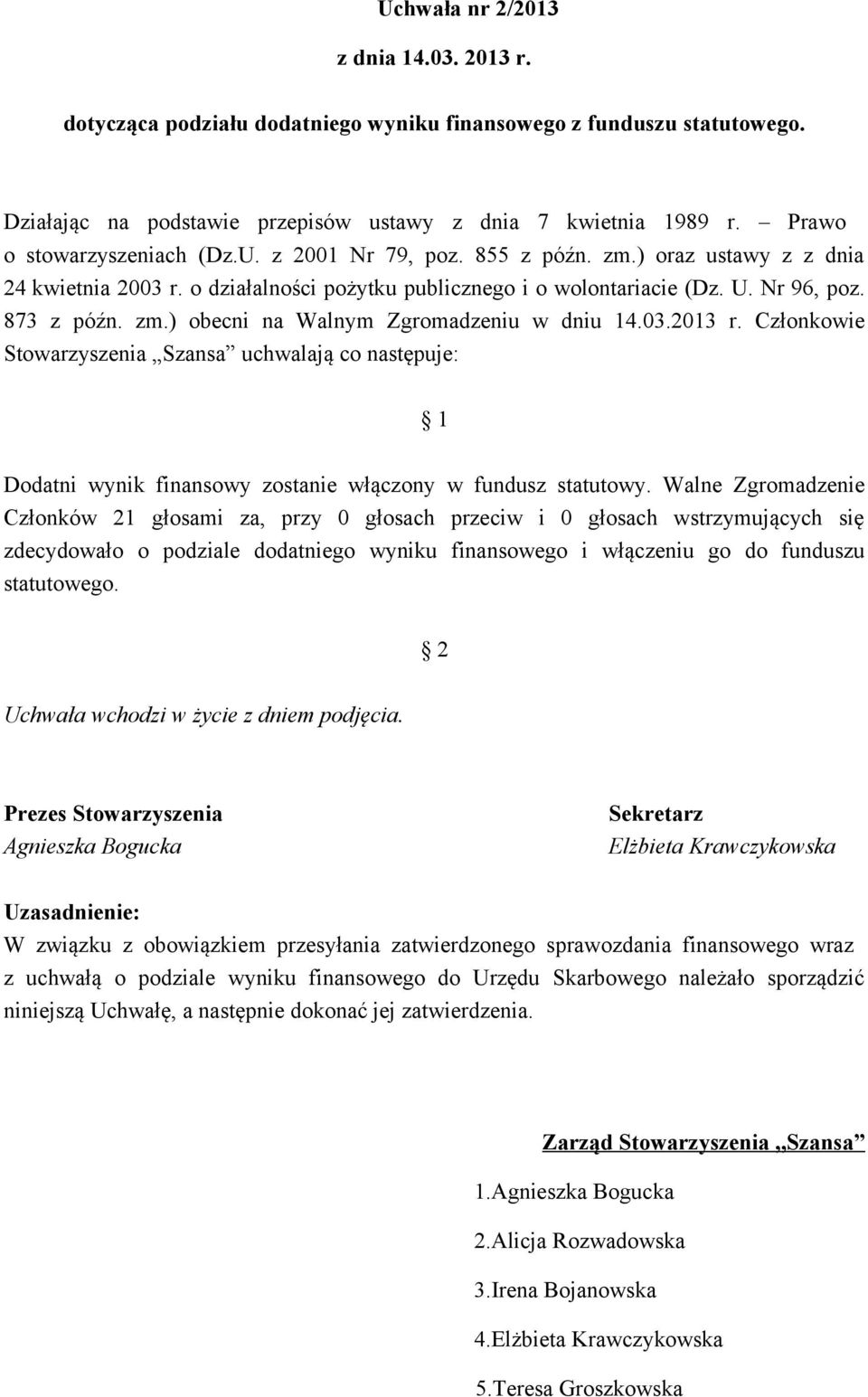 03.2013 r. Członkowie Stowarzyszenia Szansa uchwalają co następuje: 1 Dodatni wynik finansowy zostanie włączony w fundusz statutowy.