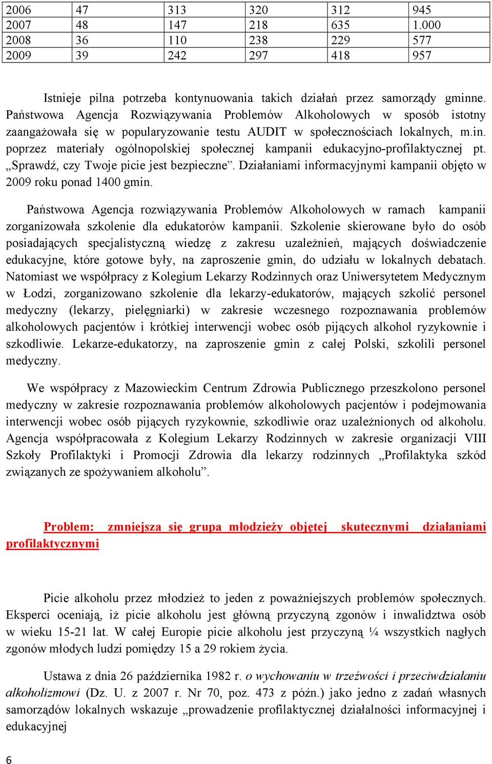 poprzez materiały ogólnopolskiej społecznej kampanii edukacyjno-profilaktycznej pt. Sprawdź, czy Twoje picie jest bezpieczne. Działaniami informacyjnymi kampanii objęto w 2009 roku ponad 1400 gmin.