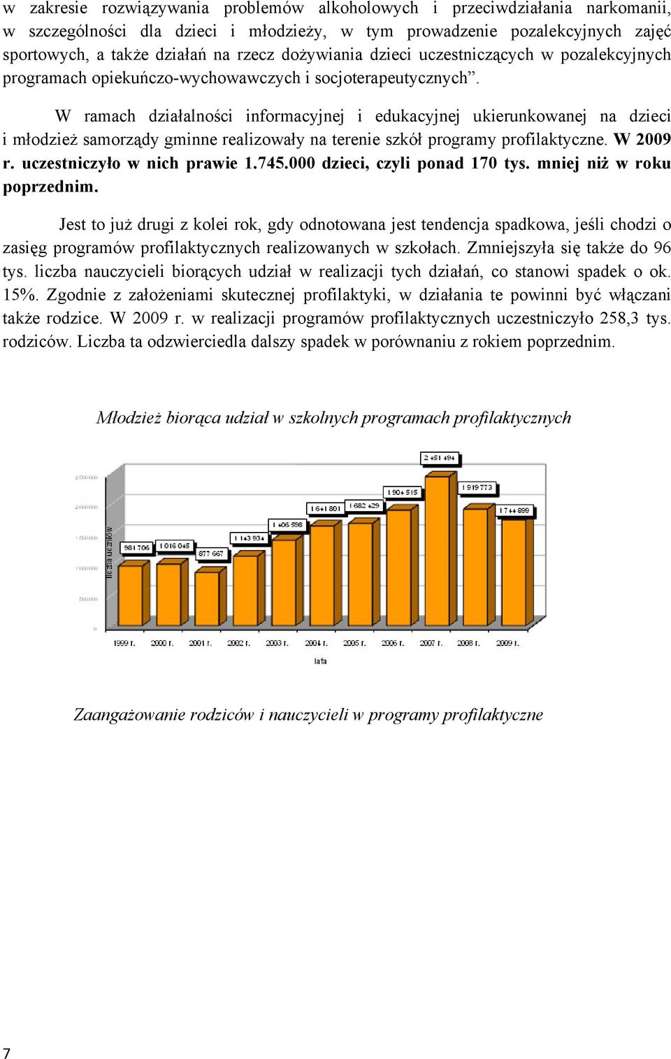 W ramach działalności informacyjnej i edukacyjnej ukierunkowanej na dzieci i młodzież samorządy gminne realizowały na terenie szkół programy profilaktyczne. W 2009 r. uczestniczyło w nich prawie 1.