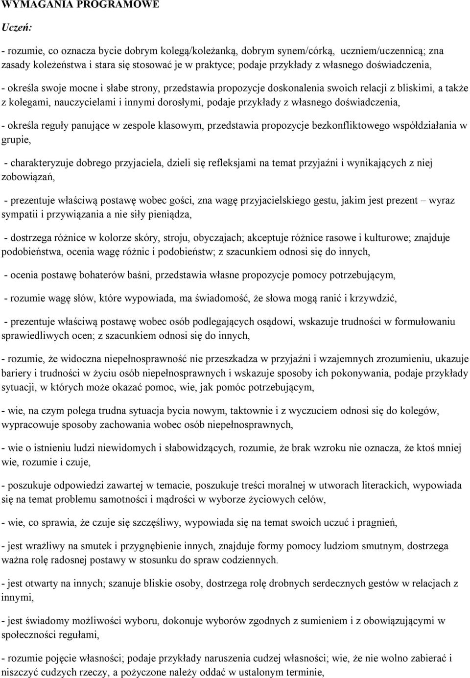 własnego doświadczenia, - określa reguły panujące w zespole klasowym, przedstawia propozycje bezkonfliktowego współdziałania w grupie, - charakteryzuje dobrego przyjaciela, dzieli się refleksjami na