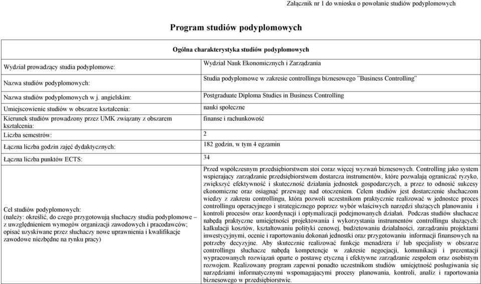 Business Controlling Postgraduate Diploma Studies in Business Controlling nauki społeczne Kierunek studiów prowadzony przez UMK związany z obszarem finanse i rachunkowość kształcenia: Liczba