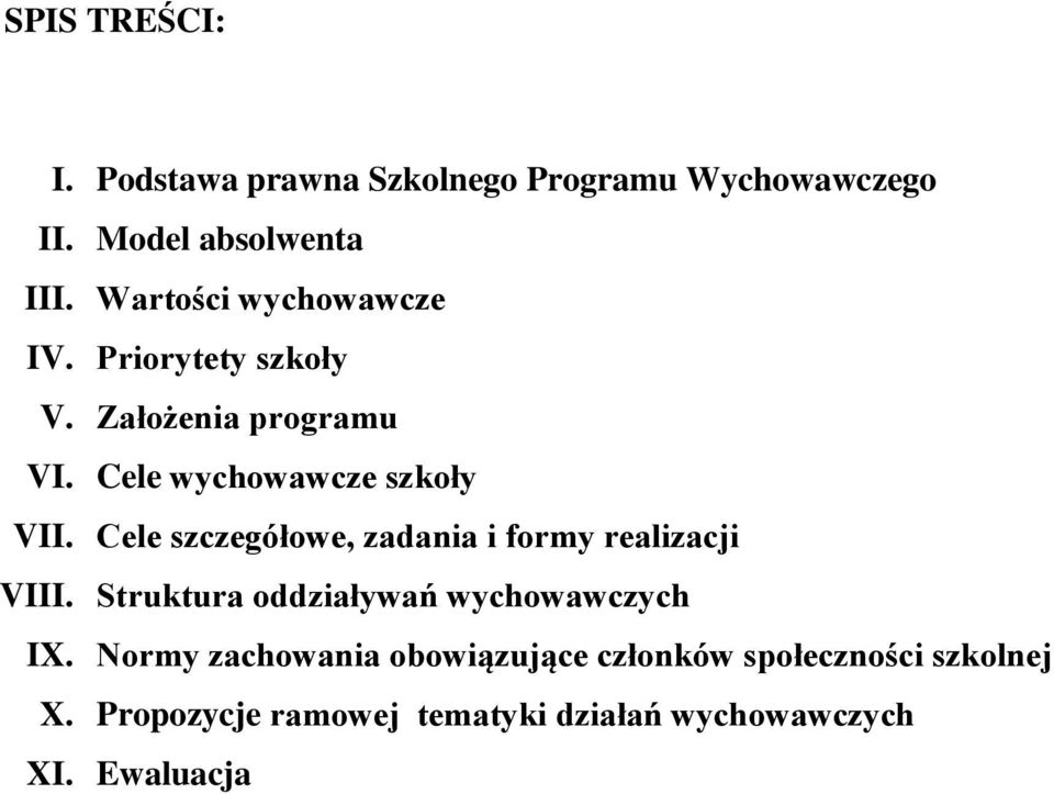 Cele szczegółowe, zadania i formy realizacji VIII. Struktura oddziaływań wychowawczych IX.