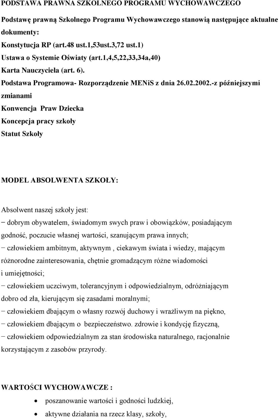-z późniejszymi zmianami Konwencja Praw Dziecka Koncepcja pracy szkoły Statut Szkoły MODEL ABSOLWENTA SZKOŁY: Absolwent naszej szkoły jest: dobrym obywatelem, świadomym swych praw i obowiązków,