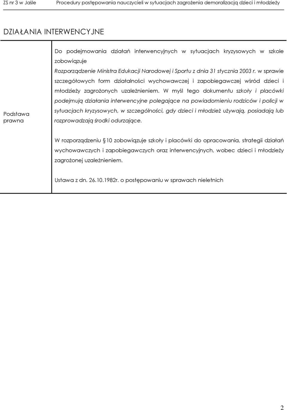 W myśl tego dokumentu i placówki podejmują działania interwencyjne polegające na powiadomieniu rodziców i policji w Podstawa prawna sytuacjach kryzysowych, w szczególności, gdy dzieci i młodzieŝ