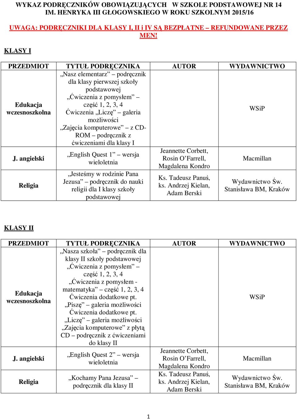 dla klasy I English Quest 1 wersja wieloletnia Jesteśmy w rodzinie Pana Jezusa podręcznik do nauki religii dla I klasy szkoły Jeannette Corbett, Rosin O Farrell, Magdalena Kondro KLASY II Nasza