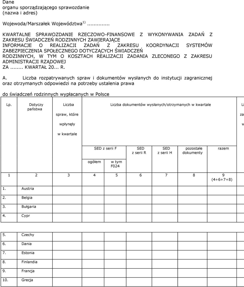 DOTYCZĄCYCH ŚWIADCZEŃ RODZINNYCH, W TYM O KOSZTACH REALIZACJI ZADANIA ZLECONEGO Z ZAKRESU AD