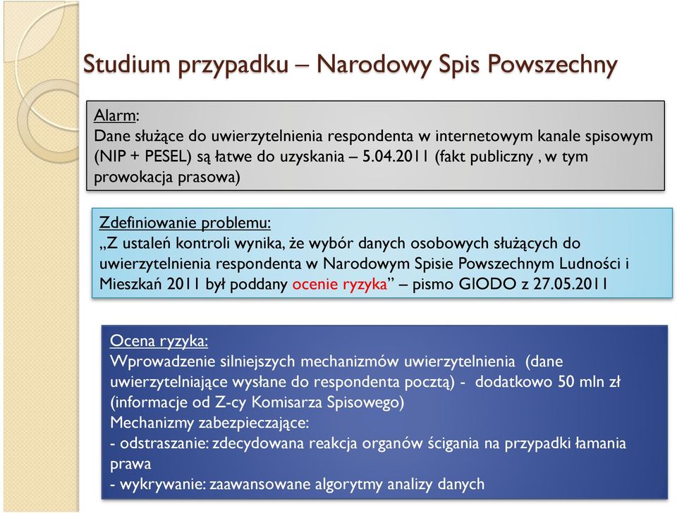 Powszechnym Ludności i Mieszkań 2011 był poddany ocenie ryzyka pismo GIODO z 27.05.