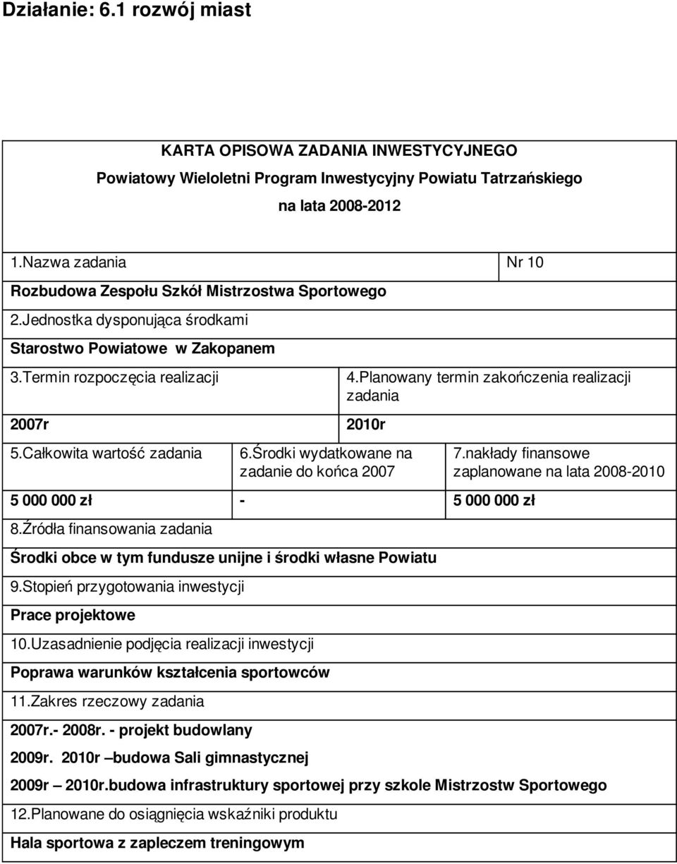 Źródła finansowania Środki obce w tym fundusze unijne i środki własne Powiatu Prace projektowe Poprawa warunków kształcenia sportowców