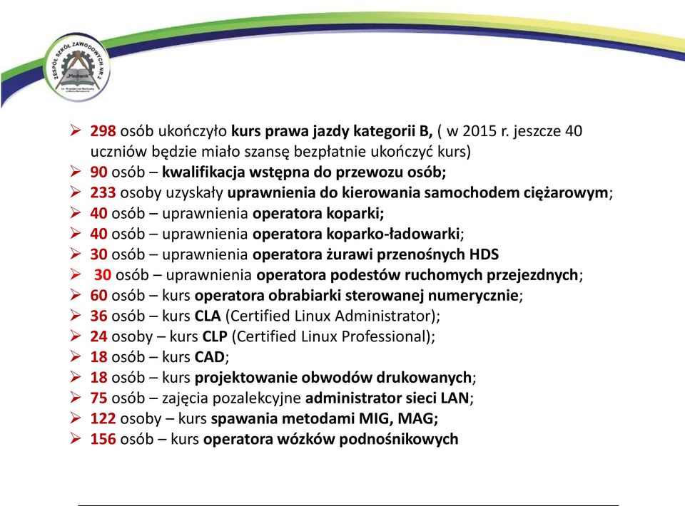 operatora koparki; 40 osób uprawnienia operatora koparko-ładowarki; 30 osób uprawnienia operatora żurawi przenośnych HDS 30 osób uprawnienia operatora podestów ruchomych przejezdnych; 60 osób kurs