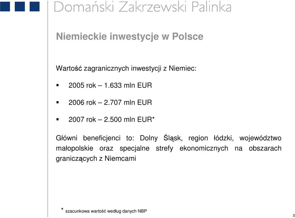 500 mln EUR* Główni beneficjenci to: Dolny Śląsk, region łódzki, województwo