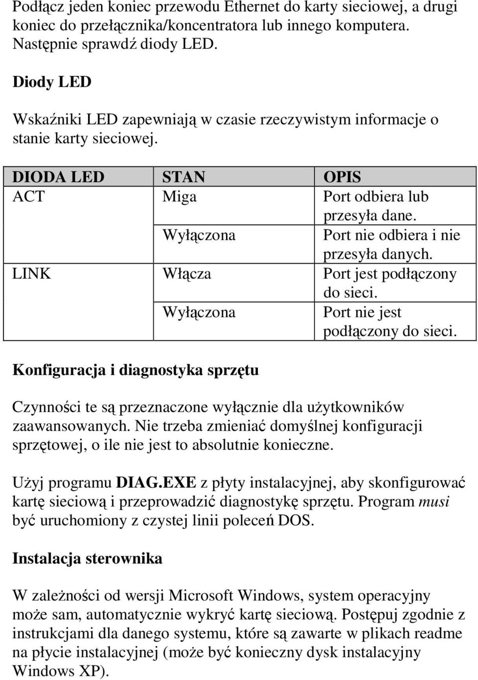 Wyłączona Port nie odbiera i nie przesyła danych. LINK Włącza Port jest podłączony do sieci. Wyłączona Port nie jest podłączony do sieci.