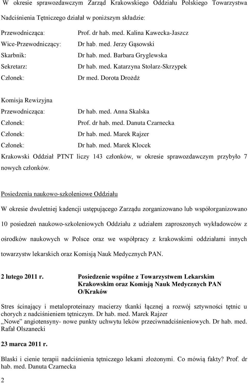 med. Anna Skalska Prof. dr hab. med. Danuta Czarnecka Dr hab. med. Marek Rajzer Dr hab. med. Marek Klocek Krakowski Oddział PTNT liczy 143 członków, w okresie sprawozdawczym przybyło 7 nowych członków.