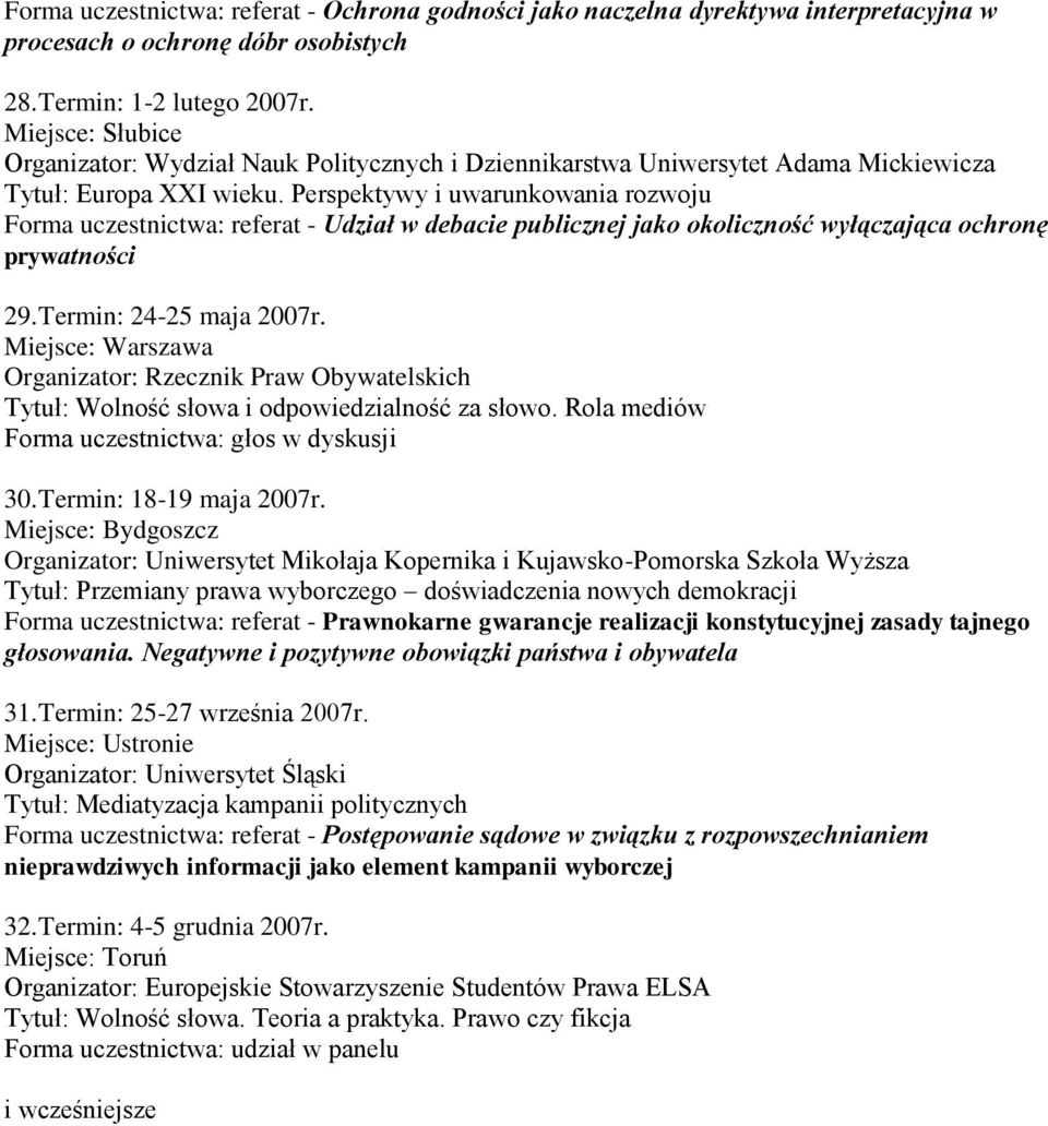 Perspektywy i uwarunkowania rozwoju Forma uczestnictwa: referat - Udział w debacie publicznej jako okoliczność wyłączająca ochronę prywatności 29. Termin: 24-25 maja 2007r.