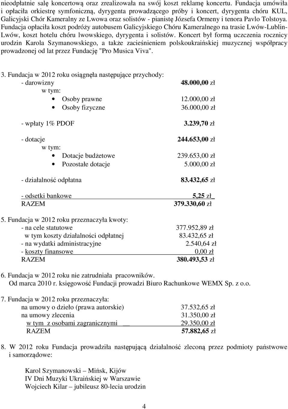 Pavlo Tolstoya. Fundacja opłaciła koszt podróży autobusem Galicyjskiego Chóru Kameralnego na trasie Lwów-Lublin- Lwów, koszt hotelu chóru lwowskiego, dyrygenta i solistów.