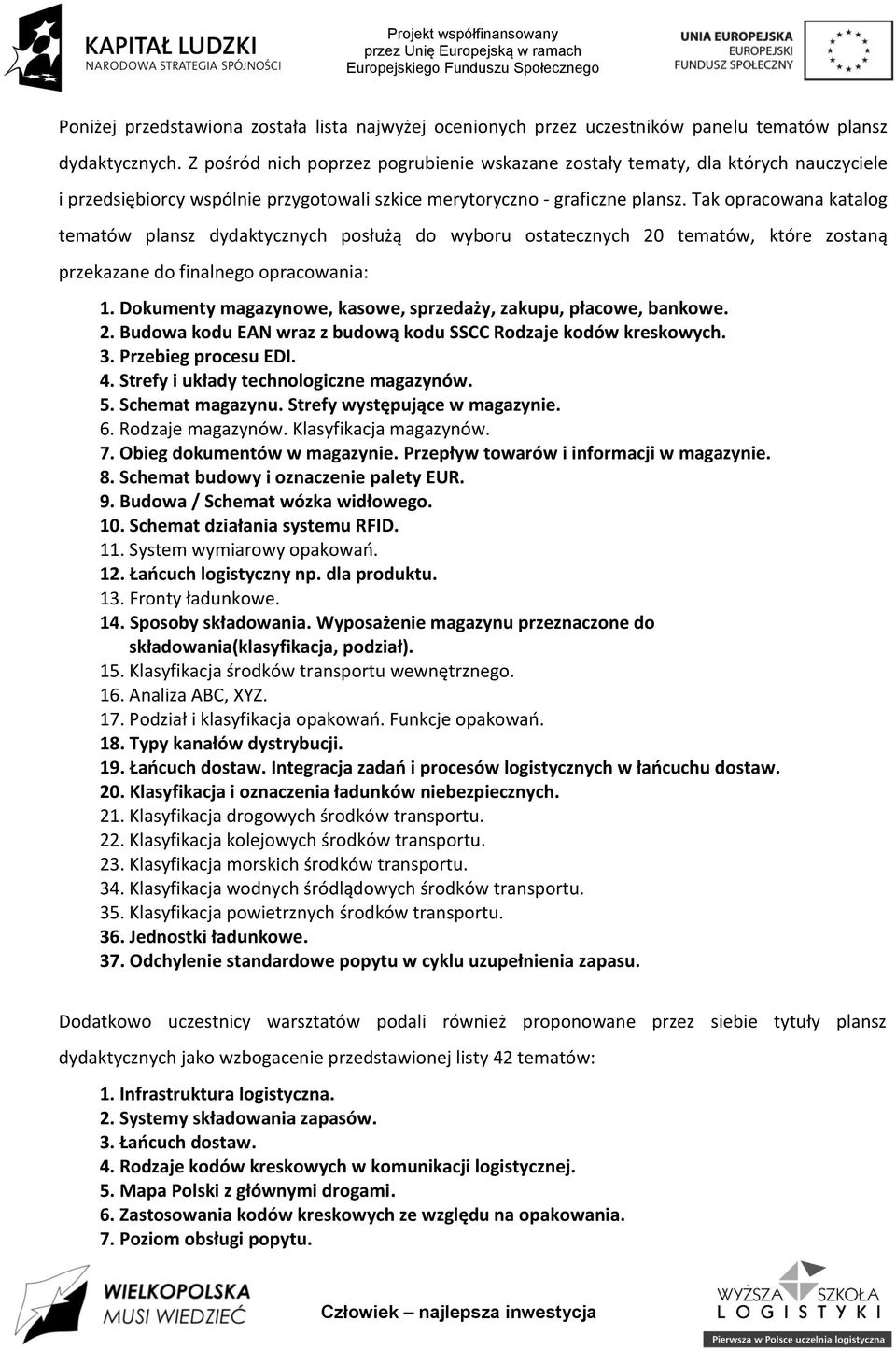 Tak opracowana katalog tematów plansz dydaktycznych posłużą do wyboru ostatecznych 20 tematów, które zostaną przekazane do finalnego opracowania: 1.
