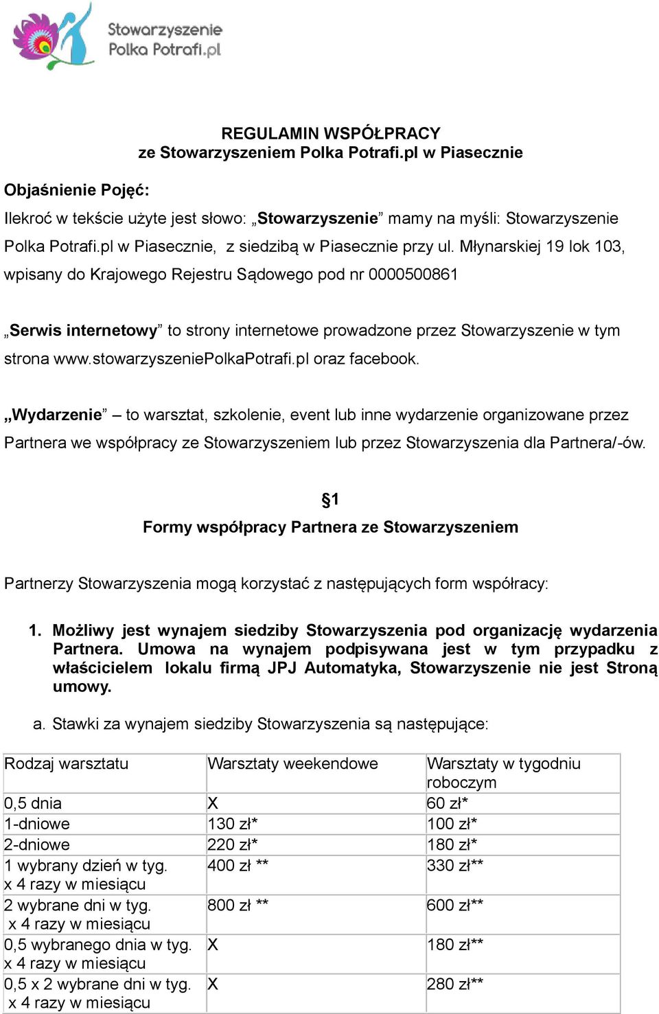 Młynarskiej 19 lok 103, wpisany do Krajowego Rejestru Sądowego pod nr 0000500861 Serwis internetowy to strony internetowe prowadzone przez Stowarzyszenie w tym strona www.stowarzyszeniepolkapotrafi.